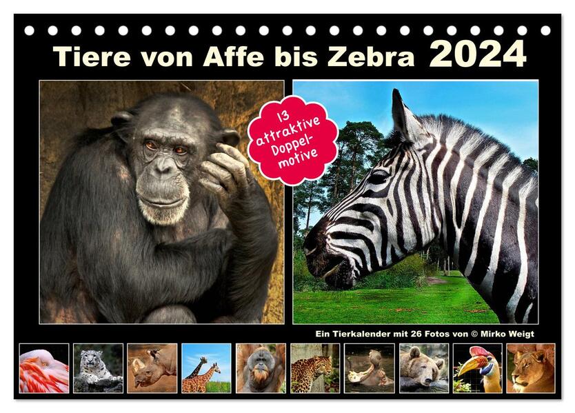 Tiere von Affe bis Zebra 2024 (Tischkalender 2024 DIN A5 quer) CALVENDO Monatskalender