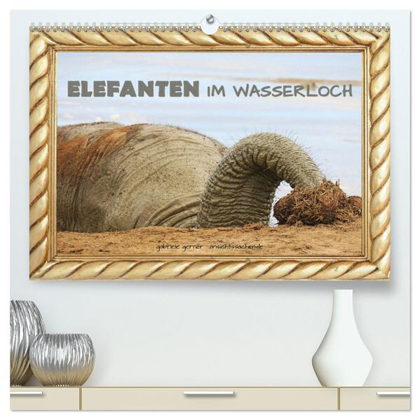 Elefanten im Wasserloch (hochwertiger Premium Wandkalender 2024 DIN A2 quer) Kunstdruck in Hochglanz