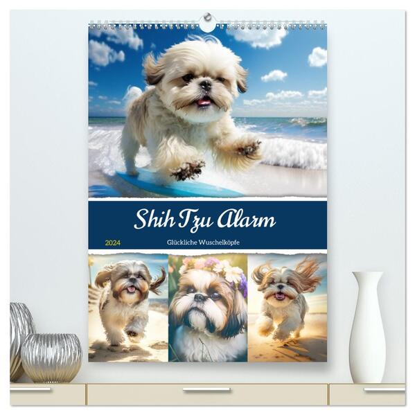 Shih Tzu Alarm. Glückliche Wuschelköpfe (hochwertiger Premium Wandkalender 2024 DIN A2 hoch) Kunstdruck in Hochglanz