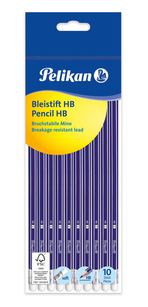 Pelikan Bleistift HB mit Radiergummi sechskant 10er Set