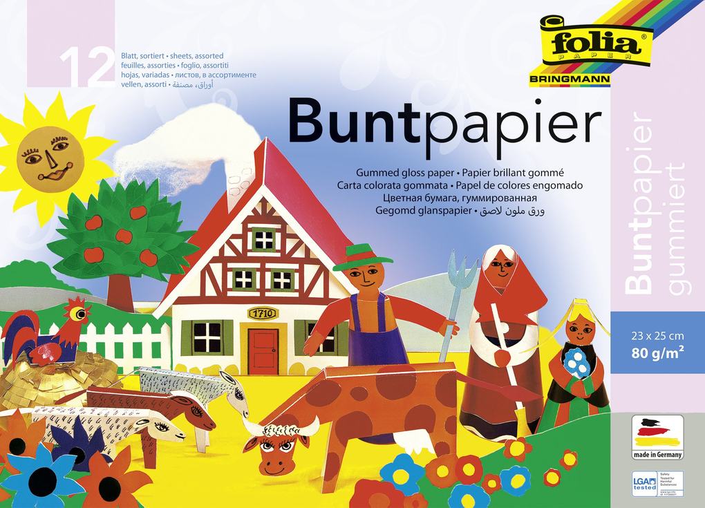 Folia Buntpapier-Heft gummiert 23x25cm 12 Blatt farbig sortiert
