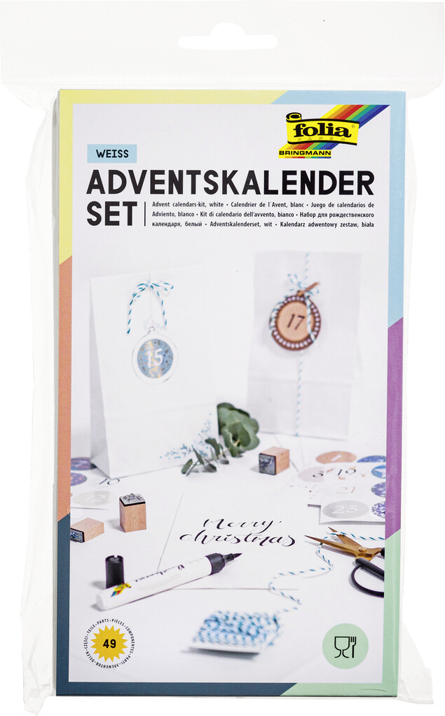 Folia Adventskalender-Set PAPIERTÜTEN WEISS aus 24 lebensmittelechten Tüten Kordel & Sticker