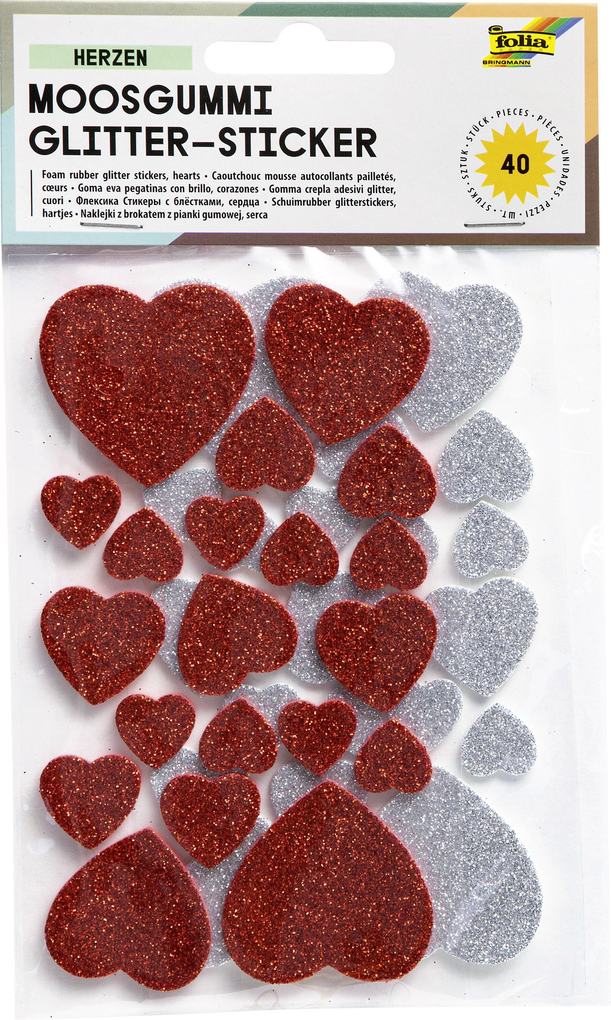 Folia Moosgummi Glitter-Sticker HERZEN I  40 Stück rot/silber