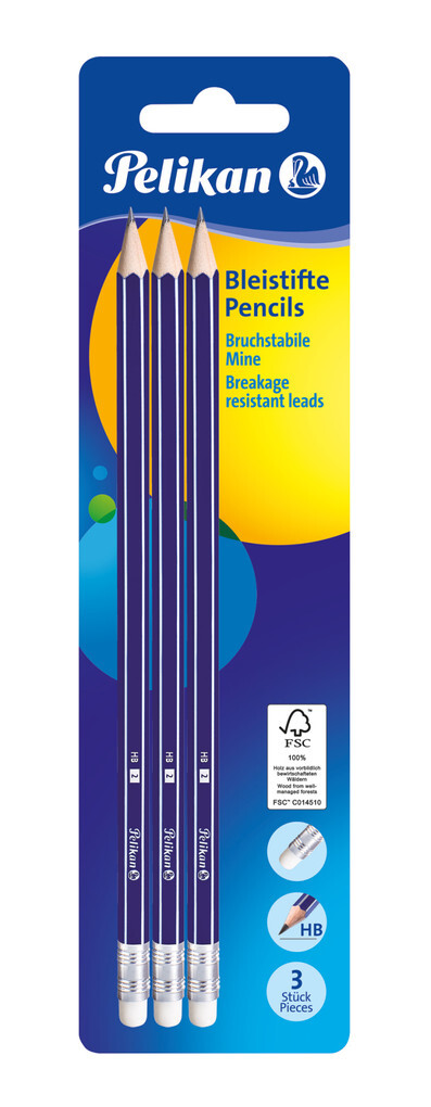 Pelikan Bleistift HB mit Radierer Sechskant Blau 3er Set