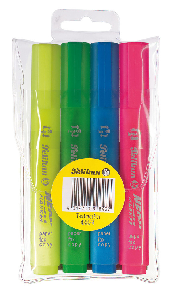 Pelikan Textmarker 438 Neon 4 Farben in Gelb Grün Pink Blau im Etui