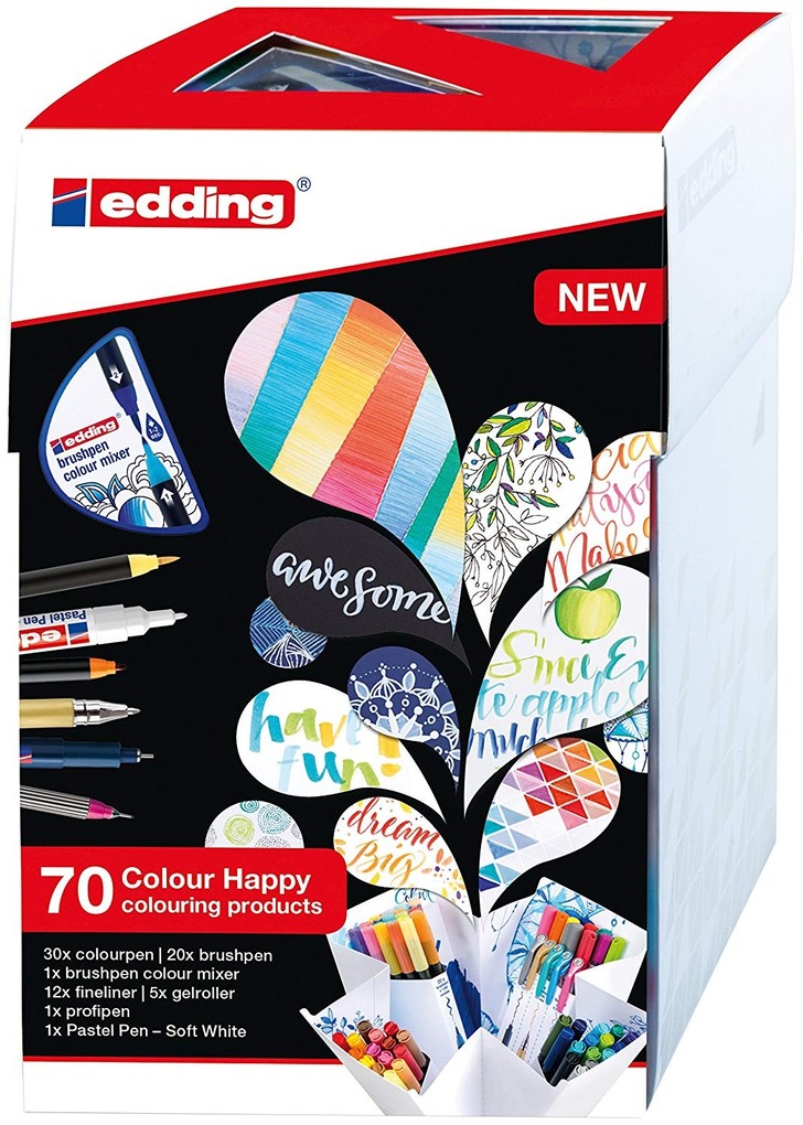 edding Brushpan Colour Happy Set 70er Set mit Fasermaler Pinselstifte Fineliner Gelroller Farbmixer und Pastell-Stift