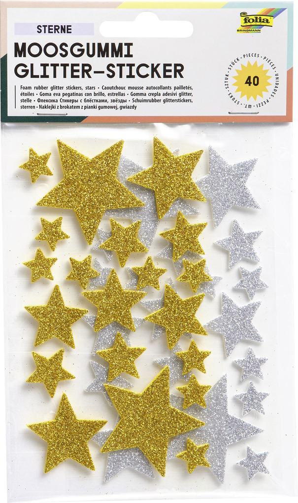 Folia Moosgummi Glitter-Sticker STERNE I  40 Stück gold/silber