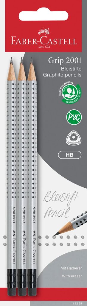 Faber-Castell Bleistift GRIP 2001 HB 3er Set mit Radierer