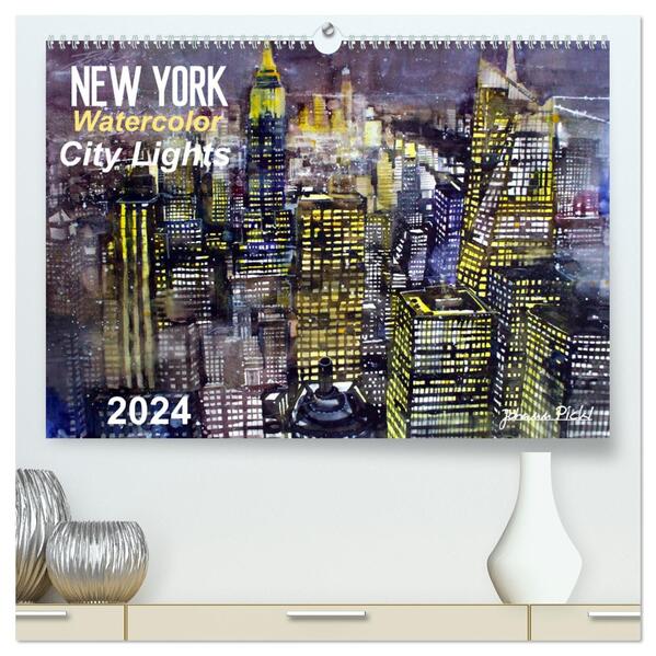 New York Watercolor Citylights (hochwertiger Premium Wandkalender 2024 DIN A2 quer) Kunstdruck in Hochglanz