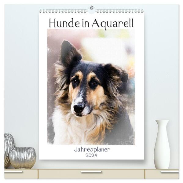Hunde in Aquarell - Jahresplaner (hochwertiger Premium Wandkalender 2024 DIN A2 hoch) Kunstdruck in Hochglanz