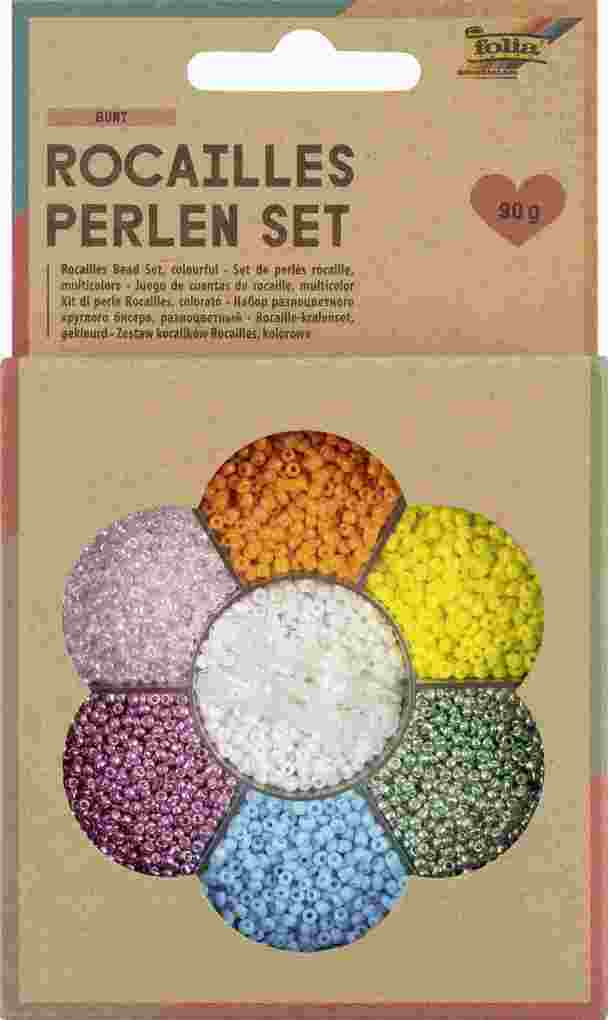 Folia Rocailles-Perlen-Set BUNT ~90g Perlen 3x1m Nylonfaden 3 Verschlüsse
