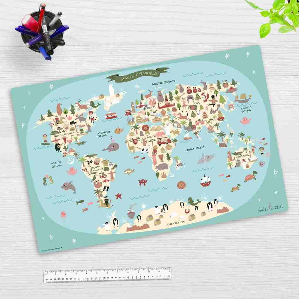 Cover-your-desk Schreibtischunterlage für Kinder Weltkarte aus hochwertigem Vinyl 60 x 40 cm