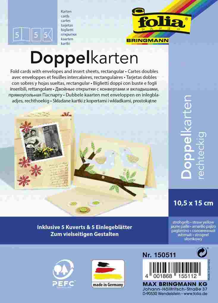 Folia Klappkarten 220g/m² 105x15cm 5 Karten&Kuverts&Einlagen strohgelb