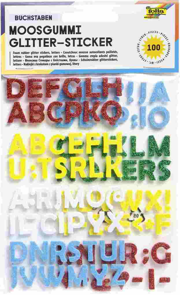 Folia Moosgummi Glitter-Sticker BUCHSTABEN 100 Stück farbig sortiert