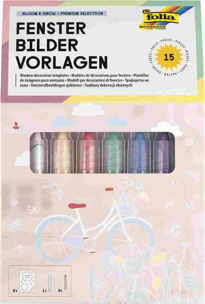 Folia Fensterbilder Vorlagen Bloom & Grow - Premium 8x Vorlagen1x Kreidemarker 6x Kreidestift