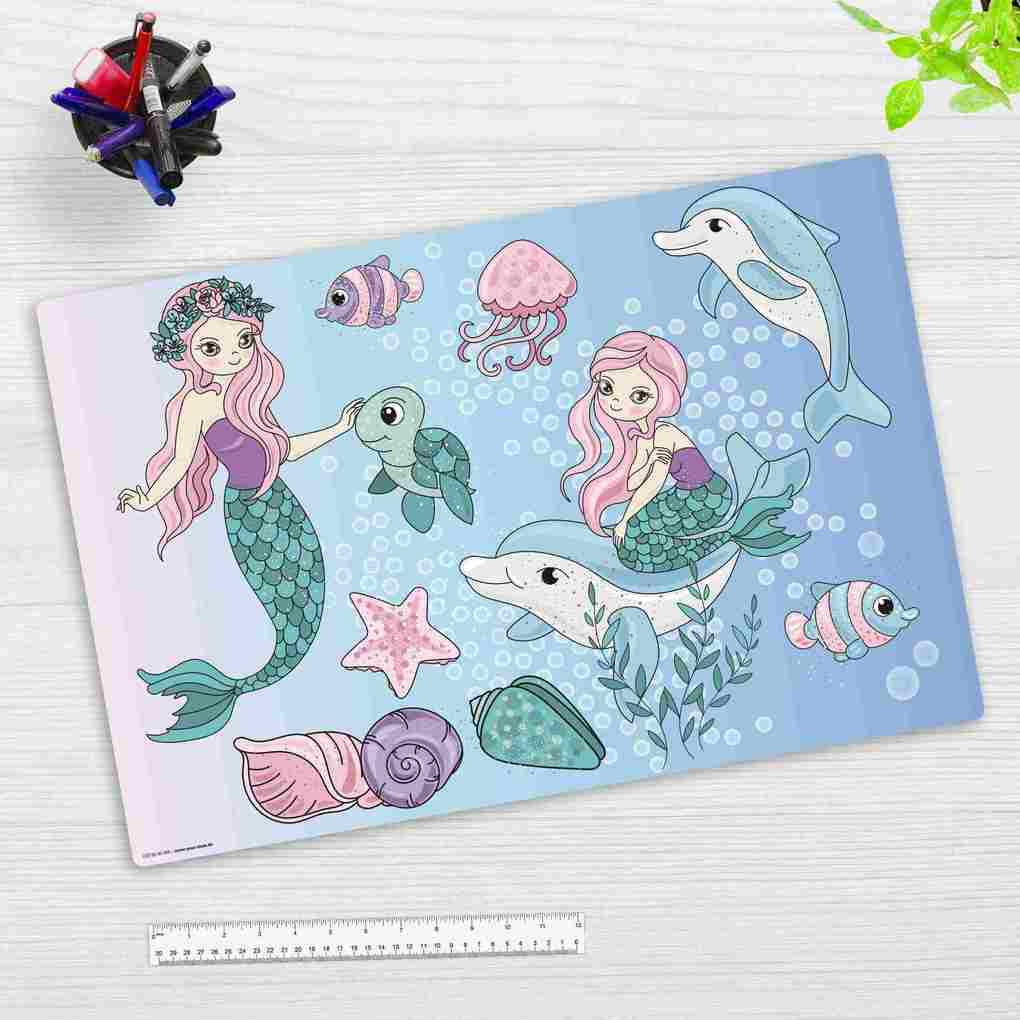 Cover-your-desk Schreibtischunterlage für Kinder Meerjungfrauen unter Wasser aus hochwertigem Vinyl 60 x 40 cm