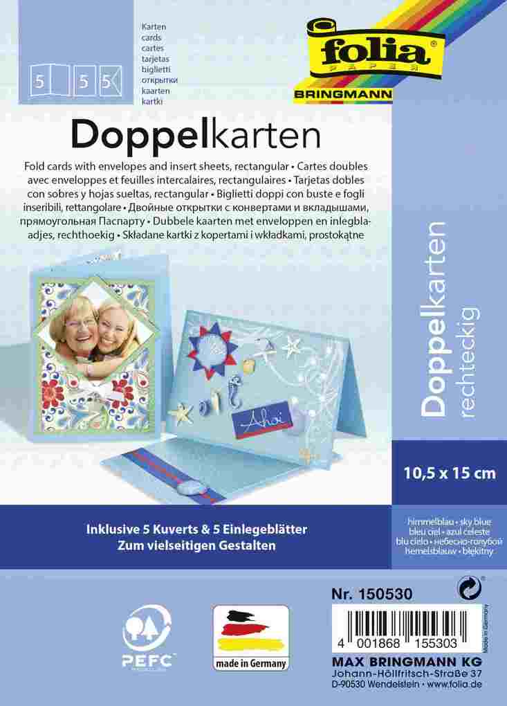 Folia Klappkarten 220g/m² 105x15cm 5 Karten&Kuverts&Einlagen himmelblau