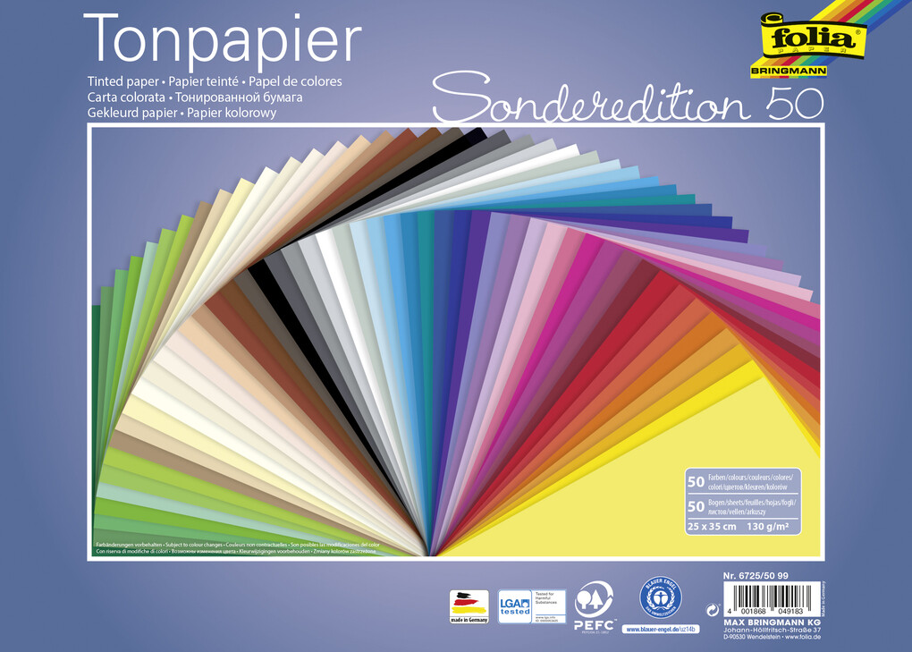 Folia Tonpapier 130g/m² 25x35cm 50 Bogen farbig sortiert