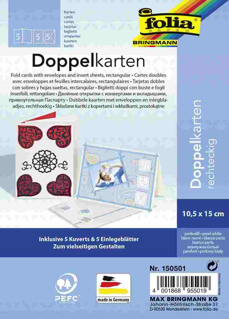 folia Klappkarten, 5 Karten, perlweiß