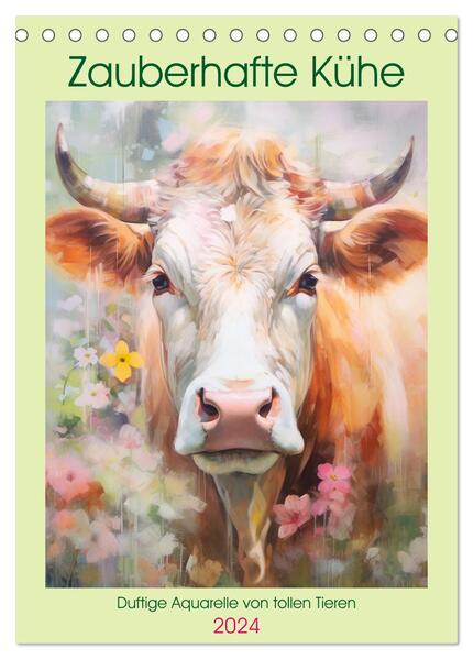 Zauberhafte Kühe. Duftige Aquarelle von tollen Tieren (Tischkalender 2024 DIN A5 hoch) CALVENDO Monatskalender