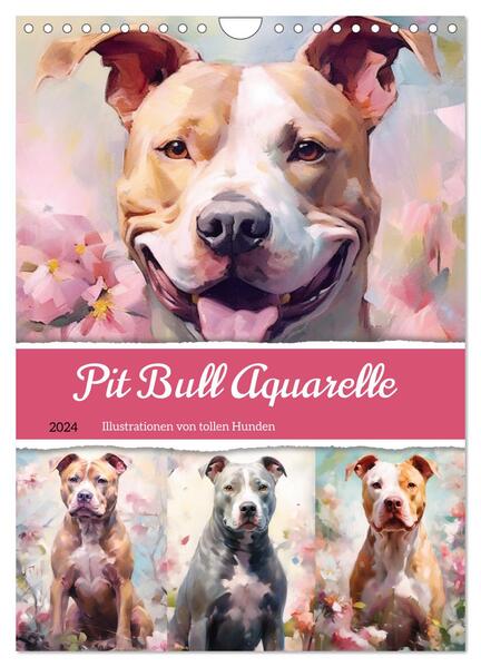 Pit Bull Aquarelle. Illustrationen von tollen Hunden (Wandkalender 2024 DIN A4 hoch) CALVENDO Monatskalender