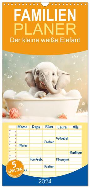 Familienplaner 2024 - Der kleine weiße Elefant mit 5 Spalten (Wandkalender 21 x 45 cm) CALVENDO