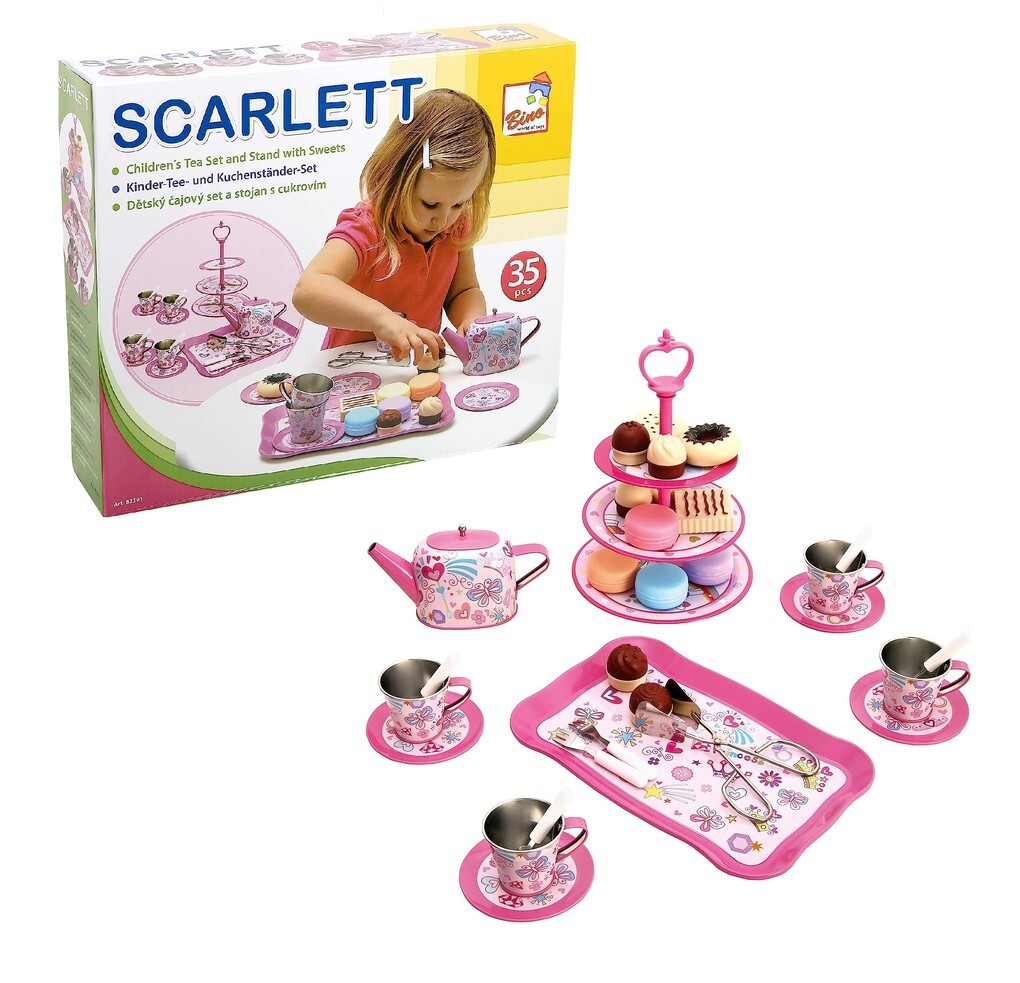 Bino 83391 - Kinder-Teeservice-Set Scarlett mit Kuchenständer Kinder-Geschirr-Set rosa 35-teilig