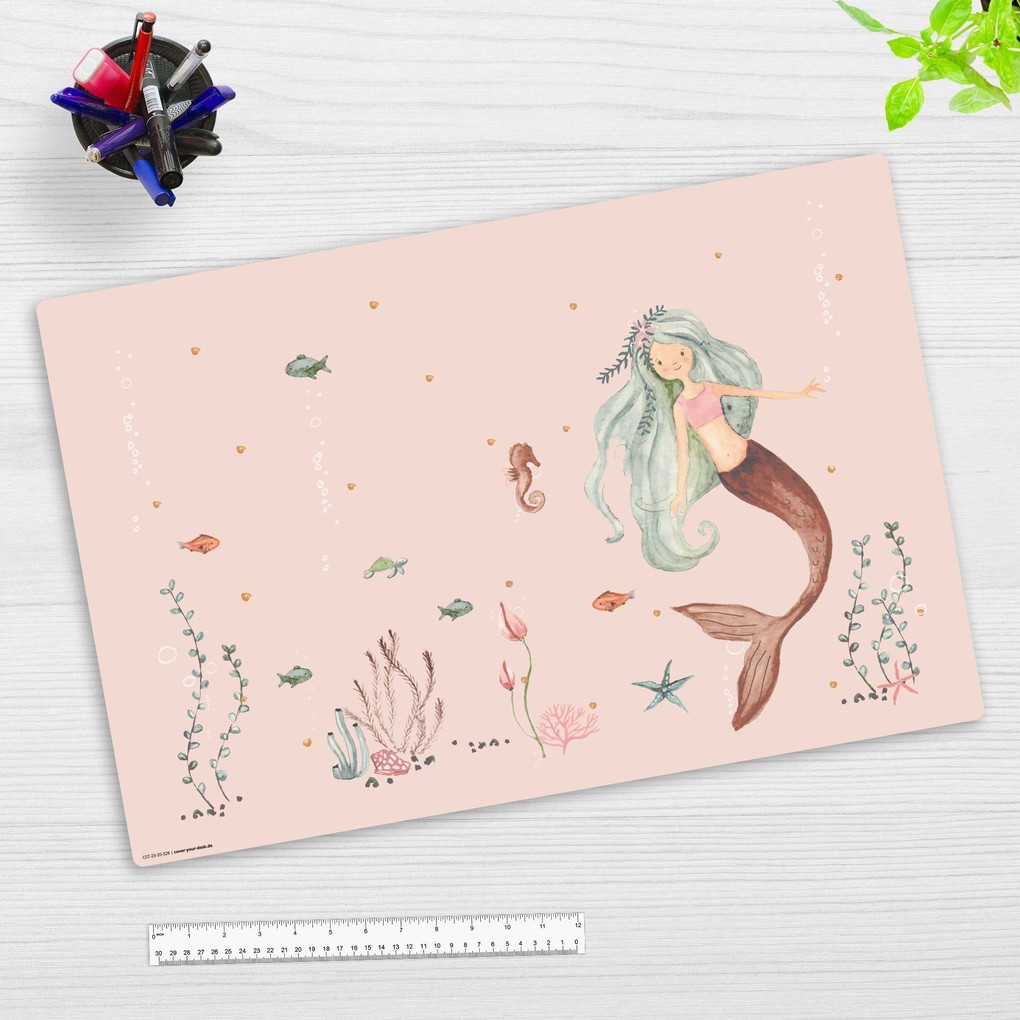 cover-your-desk Schreibtischunterlage für Kinder und Erwachsene Meerjungfrau im rosa Meer aus hochwertigem Vinyl 60 x 40 cm