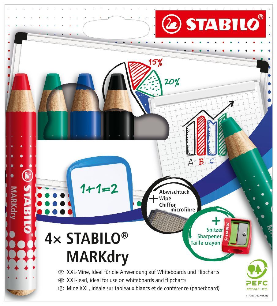 STABILO MARKdry Wallet of 4 including sharpener and wiping cloth