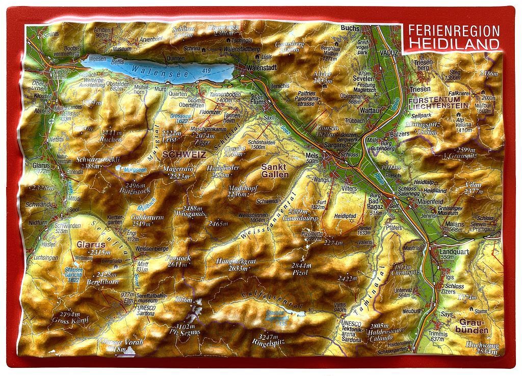 Ferienregion Heidiland Reliefpostkarte