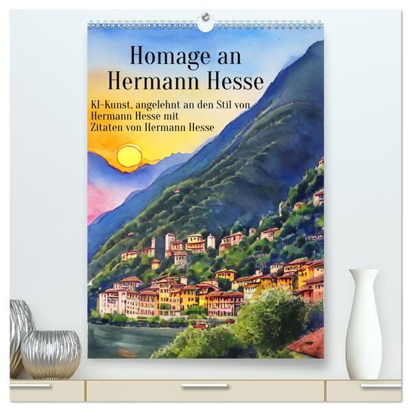 Homage an Hermann Hesse- KI-Kunst angelehnt an den Stil von Hermann Hesse mit Zitaten von Hermann Hesse (hochwertiger Premium Wandkalender 2024 DIN A2 hoch) Kunstdruck in Hochglanz