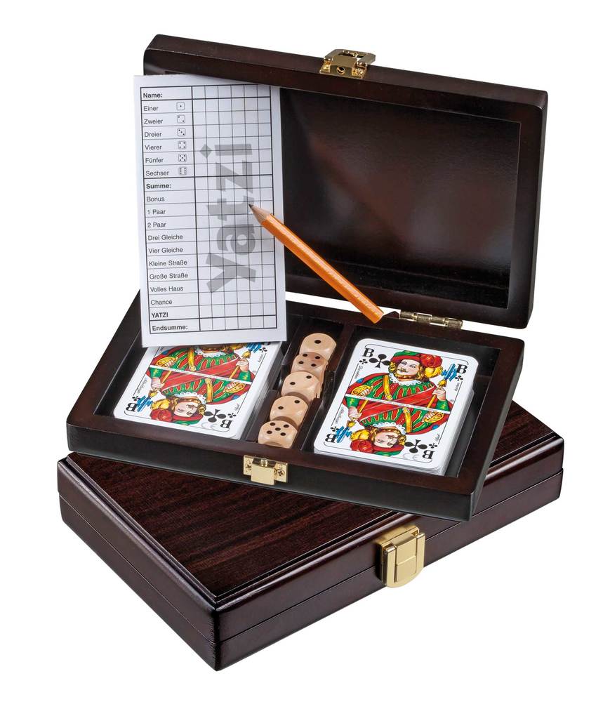 Philos 6657 - Kartenset Rommé mit Würfel mit Yatzi in Holzbox Spieleset