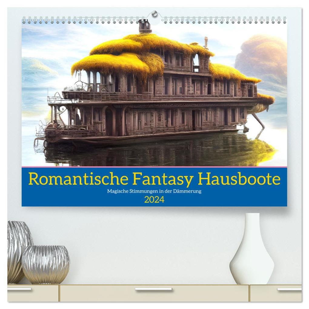Romantische Fantasy Hausboote Magische Stimmungen in der Dämmerung (hochwertiger Premium Wandkalender 2024 DIN A2 quer) Kunstdruck in Hochglanz