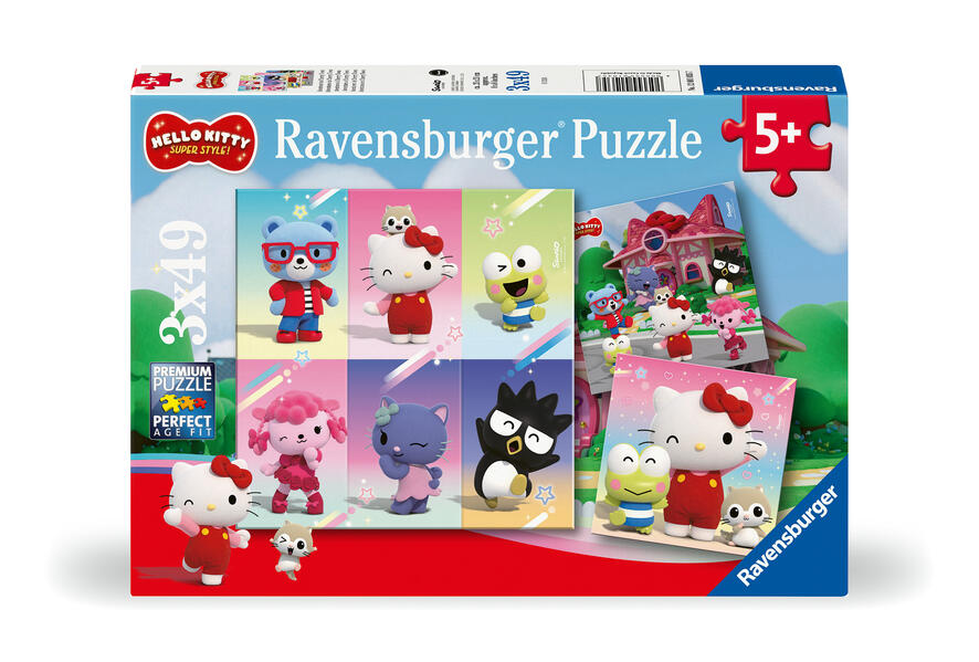Ravensburger Kinderpuzzle 12001035 - Abenteuer in Cherry Town - 3x49 Teile Hello Kitty Puzzle für Kinder ab 5 Jahren