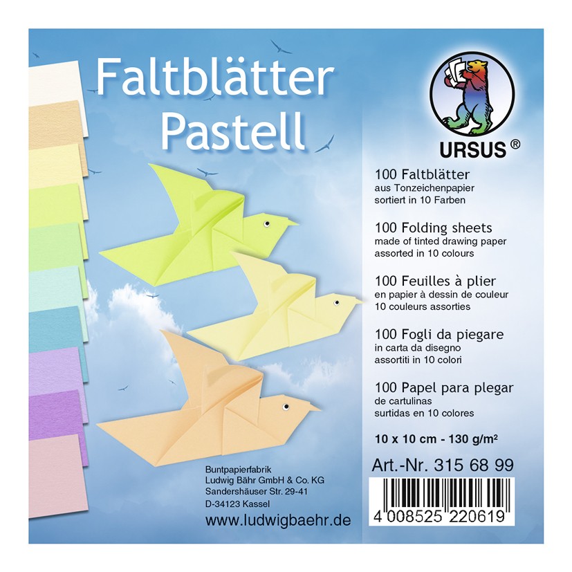 URSUS Falten TonzeichenpapierFaltblätter Pastell 130 g/m² 10 x 10 cm sortiert