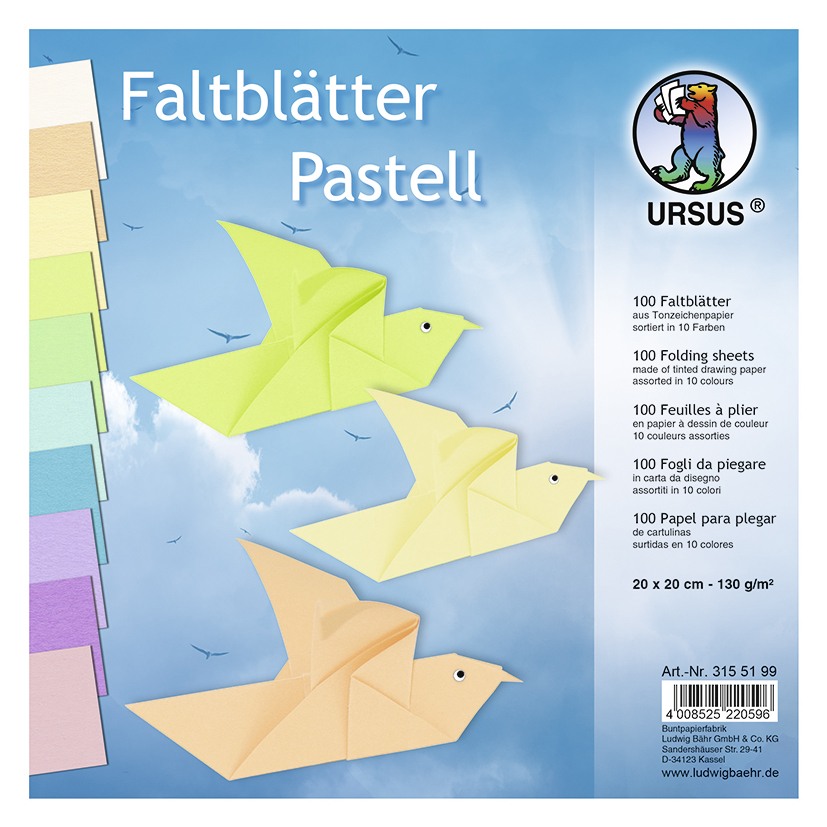 URSUS Falten TonzeichenpapierFaltblätter Pastell 130 g/m² 20 x 20 cm sortiert
