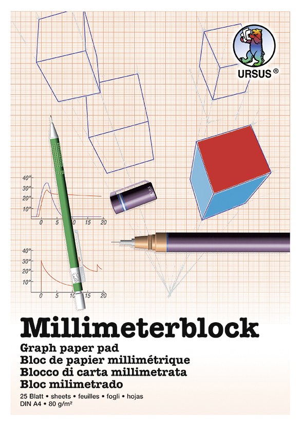 URSUS Zeichen und Künstlerbedarf Millimeterblock Format DIN A4 25 Blatt weißes Schreibpapier 80 g/m²