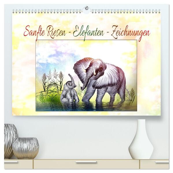 Sanfte Riesen - Elefanten-Zeichnungen (hochwertiger Premium Wandkalender 2024 DIN A2 quer) Kunstdruck in Hochglanz
