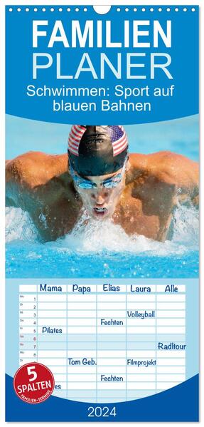 Familienplaner 2024 - Schwimmen: Sport auf blauen Bahnen mit 5 Spalten (Wandkalender 21 x 45 cm) CALVENDO