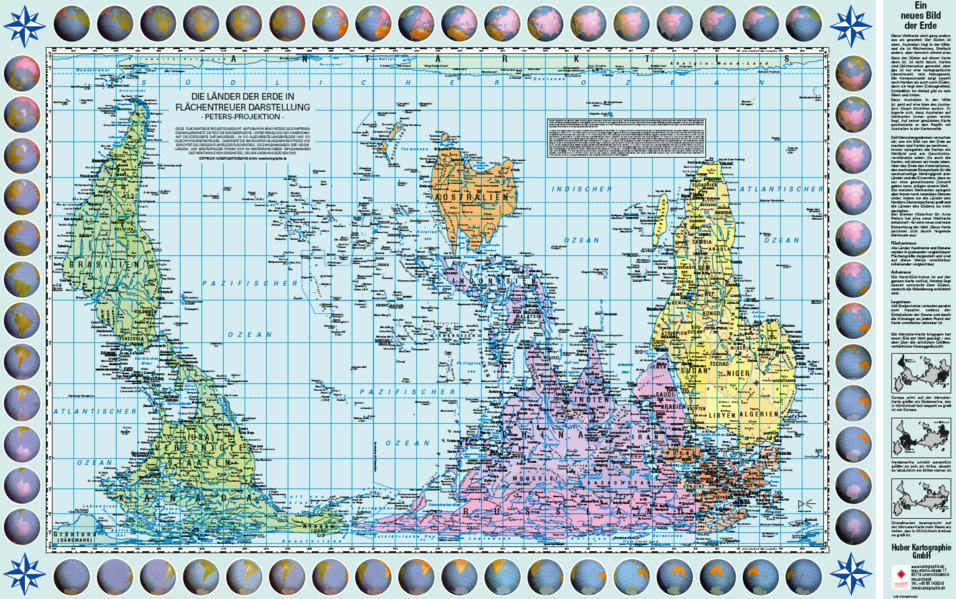 Poster Weltkarte Petersprojektion Up-side down deutsch (ca. 825 x 523 cm)
