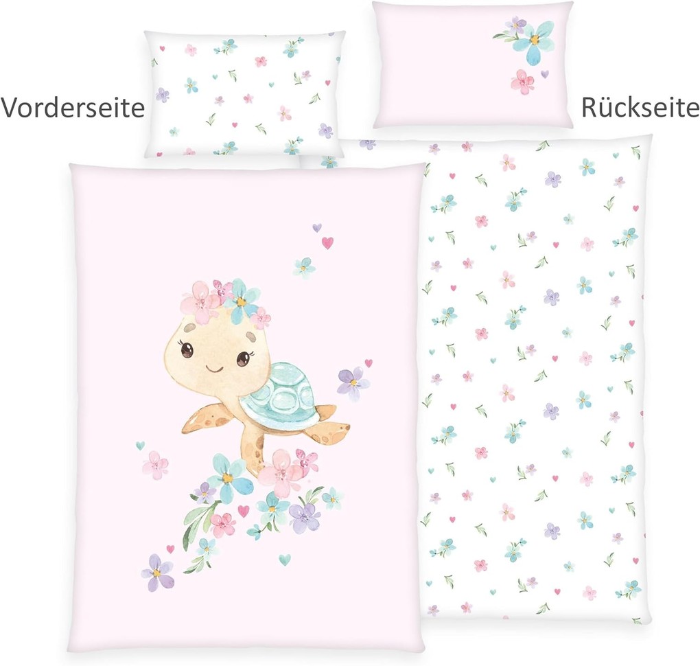 Herding 2485260063 - babybest® Bettwäsche Little Turtle Baumwolle/Renforcé weiß/rosa 40x60/100x135 cm