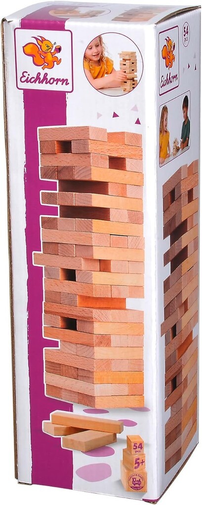 Eichhorn 100002466 - Stapelspiel Wackelturm Geschicklichkeitsspiel für die ganze Familie Balance Tower gefertigt aus unbehandelten Holz 54-teilig