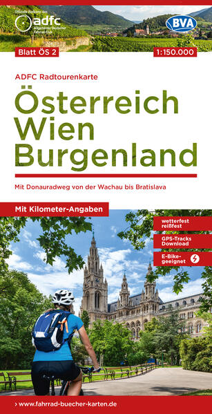 ADFC-Radtourenkarte ÖS2 Österreich Wien Burgenland 1:150:000 reiß- und wetterfest E-Bike geeignet GPS-Tracks Download mit Bett+Bike Symbolen mit Kilometer-Angaben
