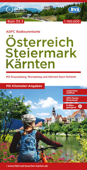 ADFC-Radtourenkarte ÖS3 Österreich Steiermark Kärnten 1:150:000 reiß- und wetterfest E-Bike geeignet GPS-Tracks Download mit Bett+Bike Symbolen mit Kilometer-Angaben