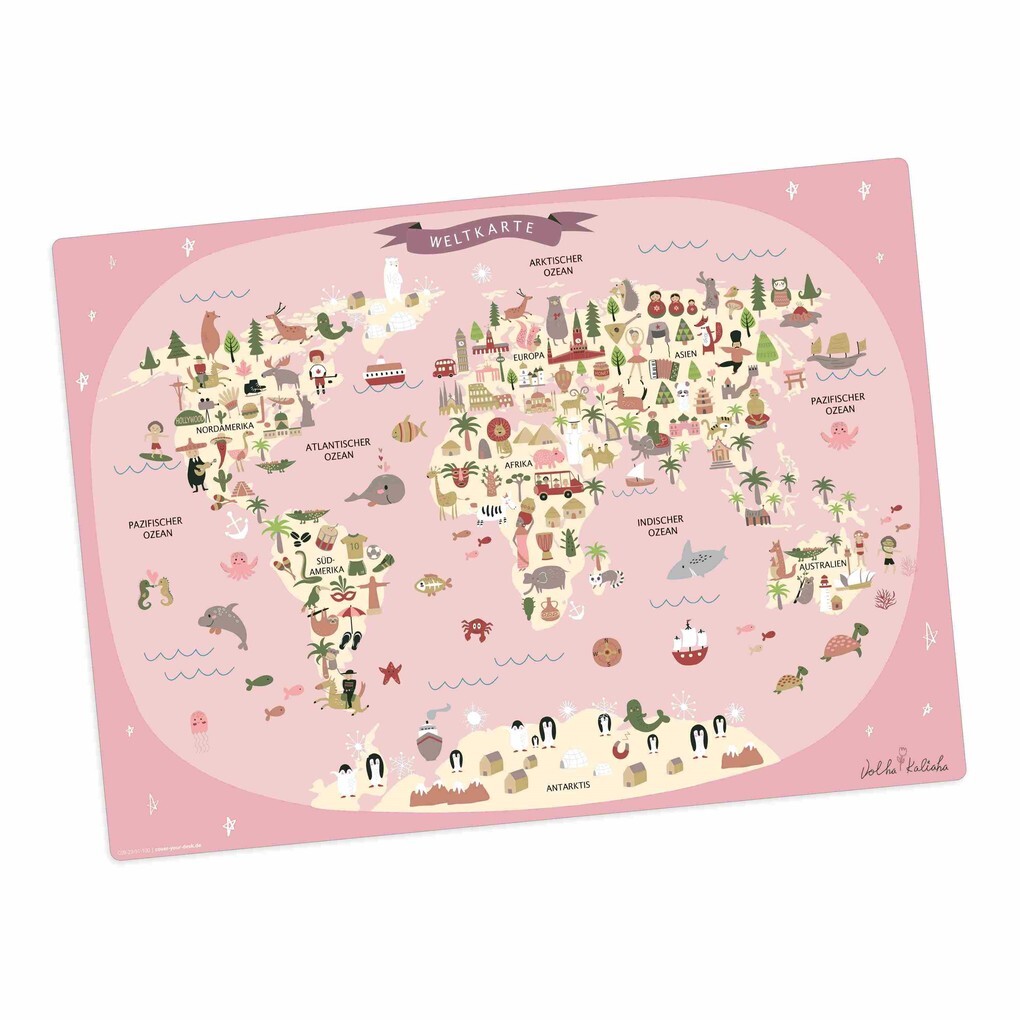 Cover-your-desk Tischset für Kinder Weltkarte in rosa mit Tieren in deutsch aus hochwertigem Vinyl 44 x 32 cm