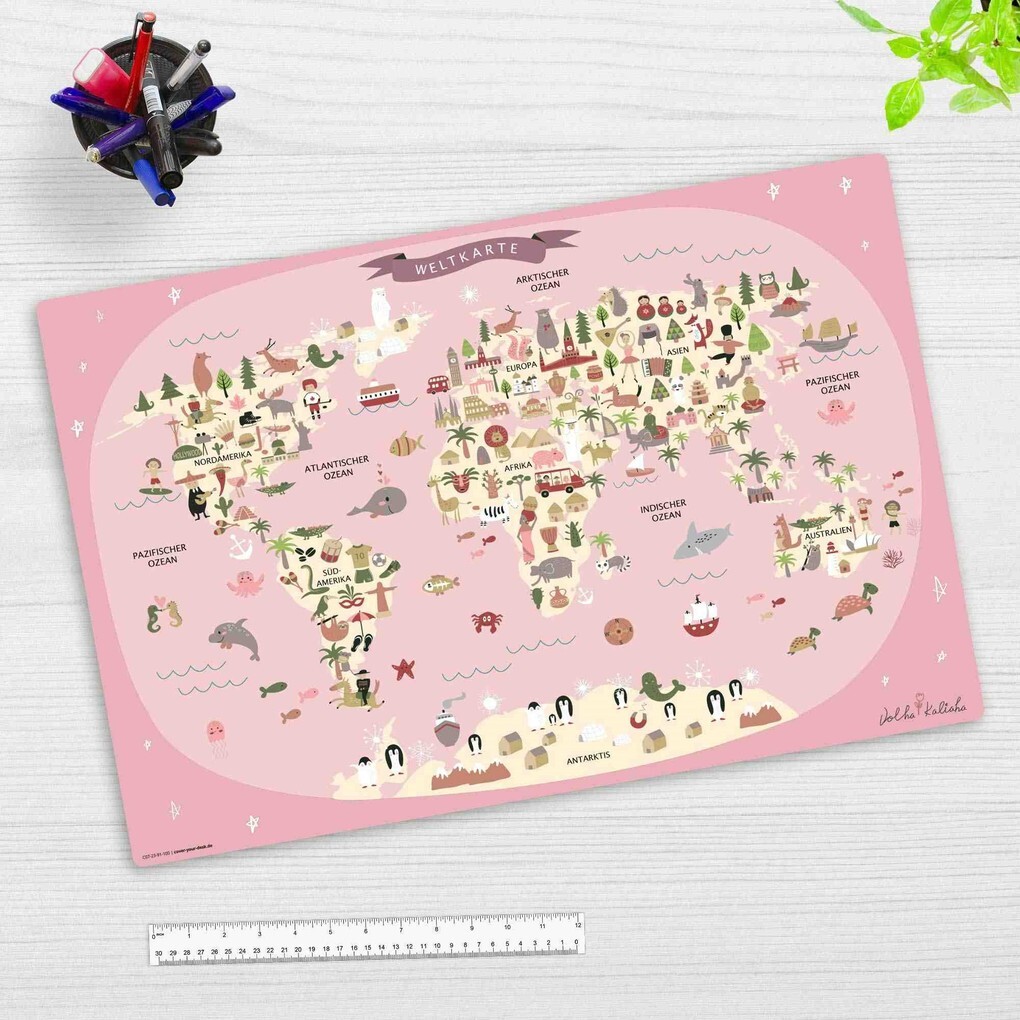 Cover-your-desk Schreibtischunterlage für Kinder Weltkarte in rosa mit Tieren in deutsch aus hochwertigem Vinyl 60 x 40 cm