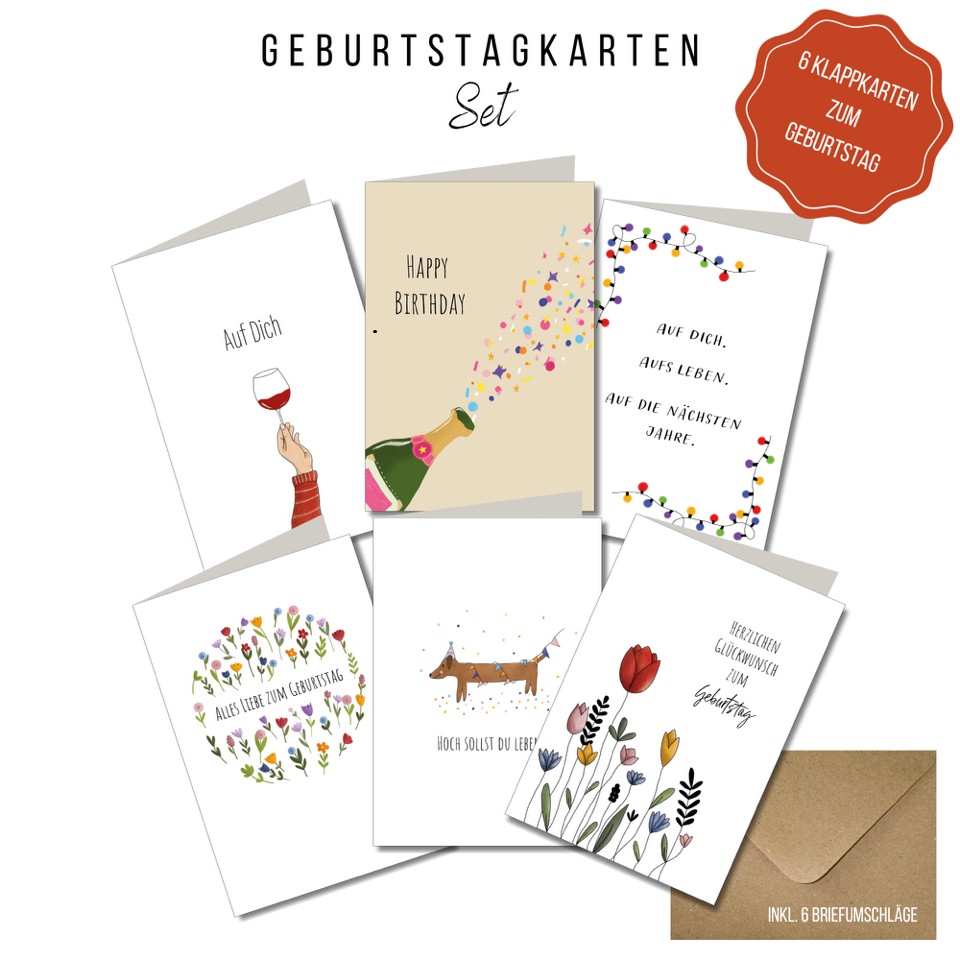 KEITCARDS Geburtstagskarten - handgezeichnete Klappkarten inklusive Briefumschlag 6er Set