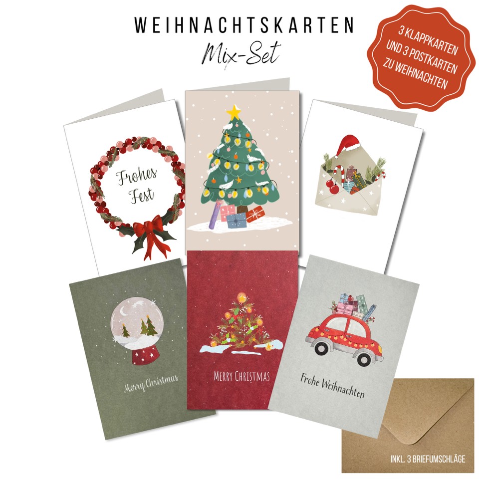 KEITCARDS Weihnachtskarten mixed Set 3 x Postkarten und 3 x Klappkarten