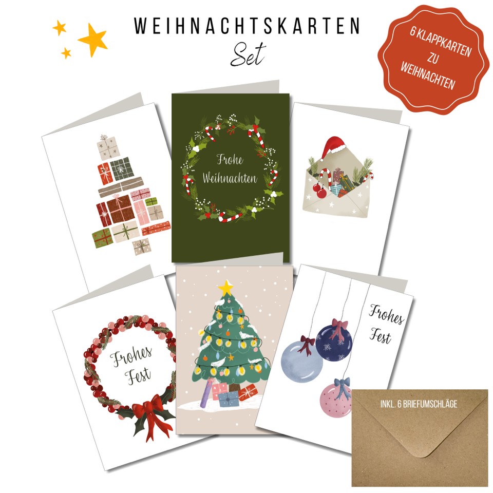 KEITCARDS Weihnachtskarten - handgezeichnete Klappkarten mit Briefumschlag 6er Set