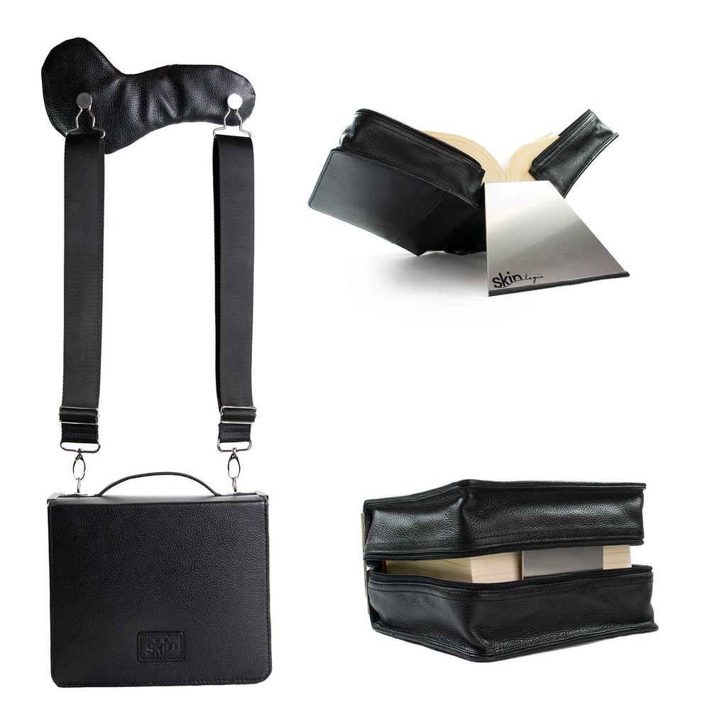 SKIN Tasche PUR Gr. XL (Nappa-Leder) onyx-schwarz / gefertigt aus langlebigem Nappa Leder / im Set mit ergonomisch gepolstertem Tragegurt & rutschfester Buchstütze mit Gummikante